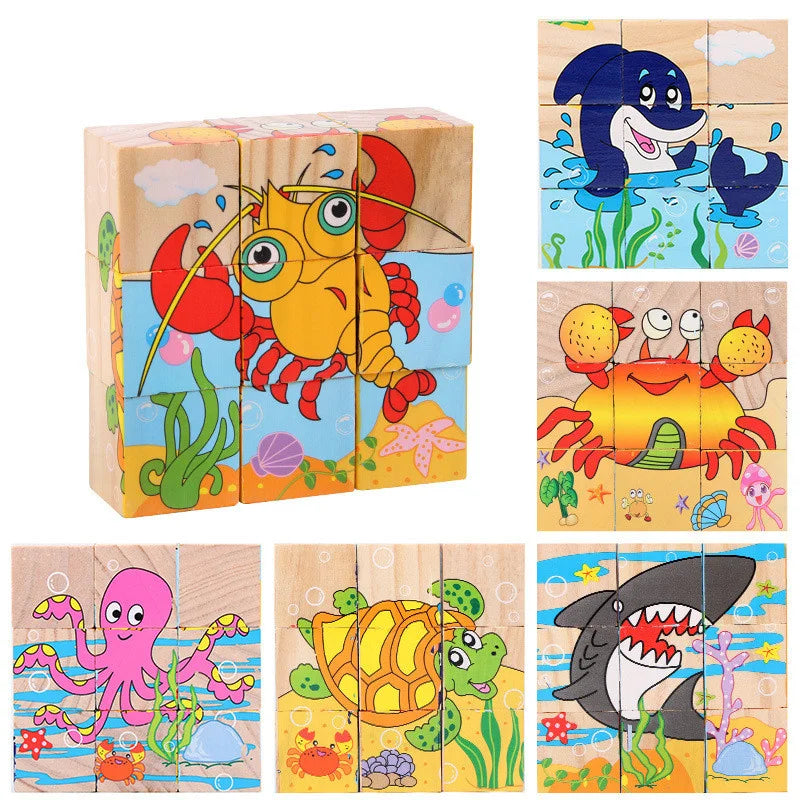 Wooden Blocks Toys Cartoon Animal Six Side Cube Jigsaw Puzzles Game